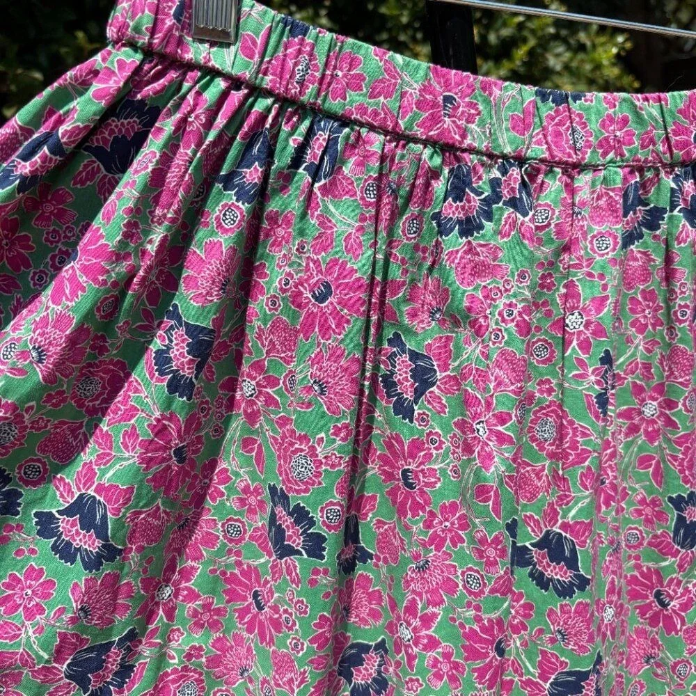 Sundry‎ Floral Cotton Midi Skirt Pink Green Navy Pull-On Boho Cottagecore L